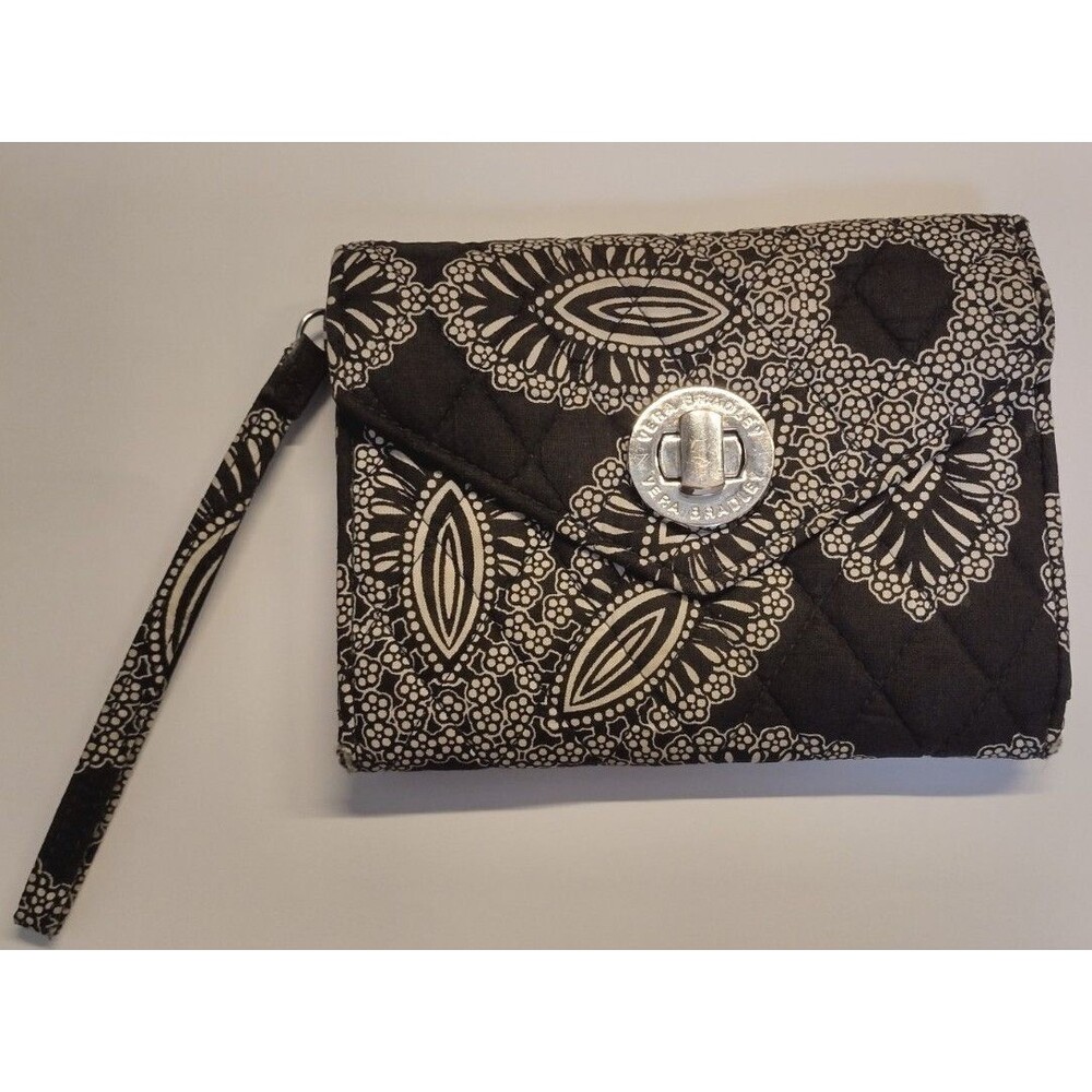Vera Bradley Black White Floral Wristlet 5" X 6 1/2" Wrist Strap Quilted